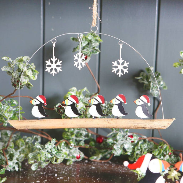 Five Puffins In Santa Hats Hanging Christmas Decoration