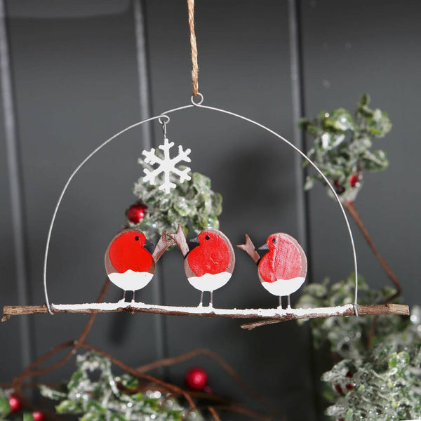 Three Christmas Robins And Snowflake Hanging Decoration