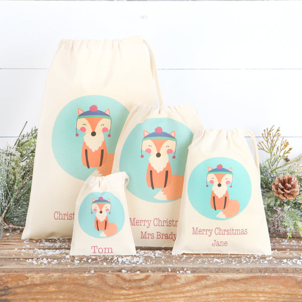 Christmas Fox Personalised Cotton Gift Bags