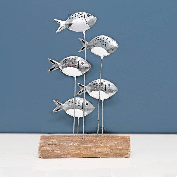 Five Silver Fish On A Driftwood Block Decoration