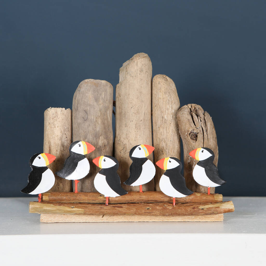 Six Puffins With Driftwood Backdrop Decoration