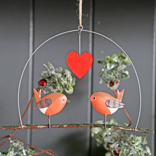 Christmas Robins With Love Heart Hanging Decoration