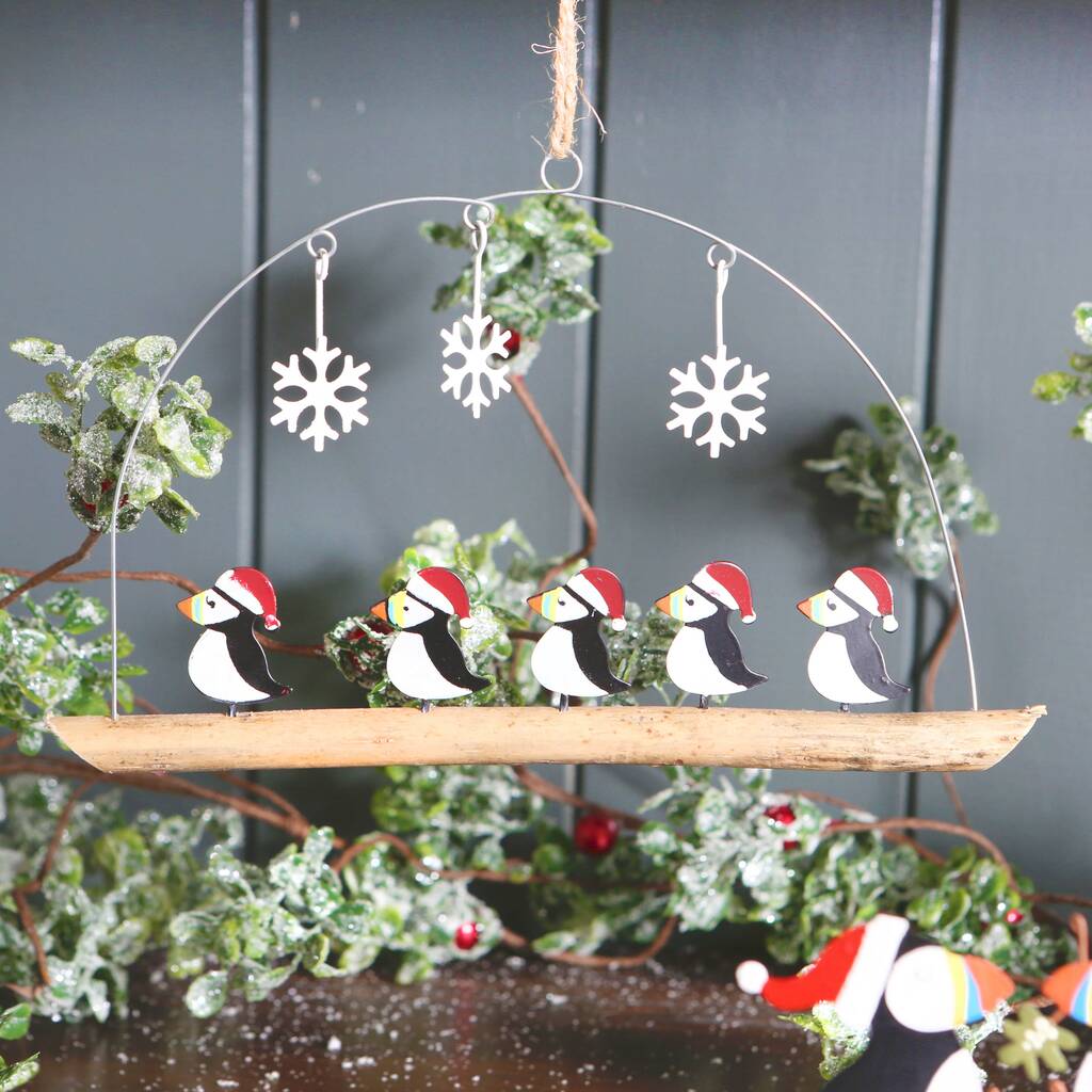 Five Puffins In Santa Hats Hanging Christmas Decoration