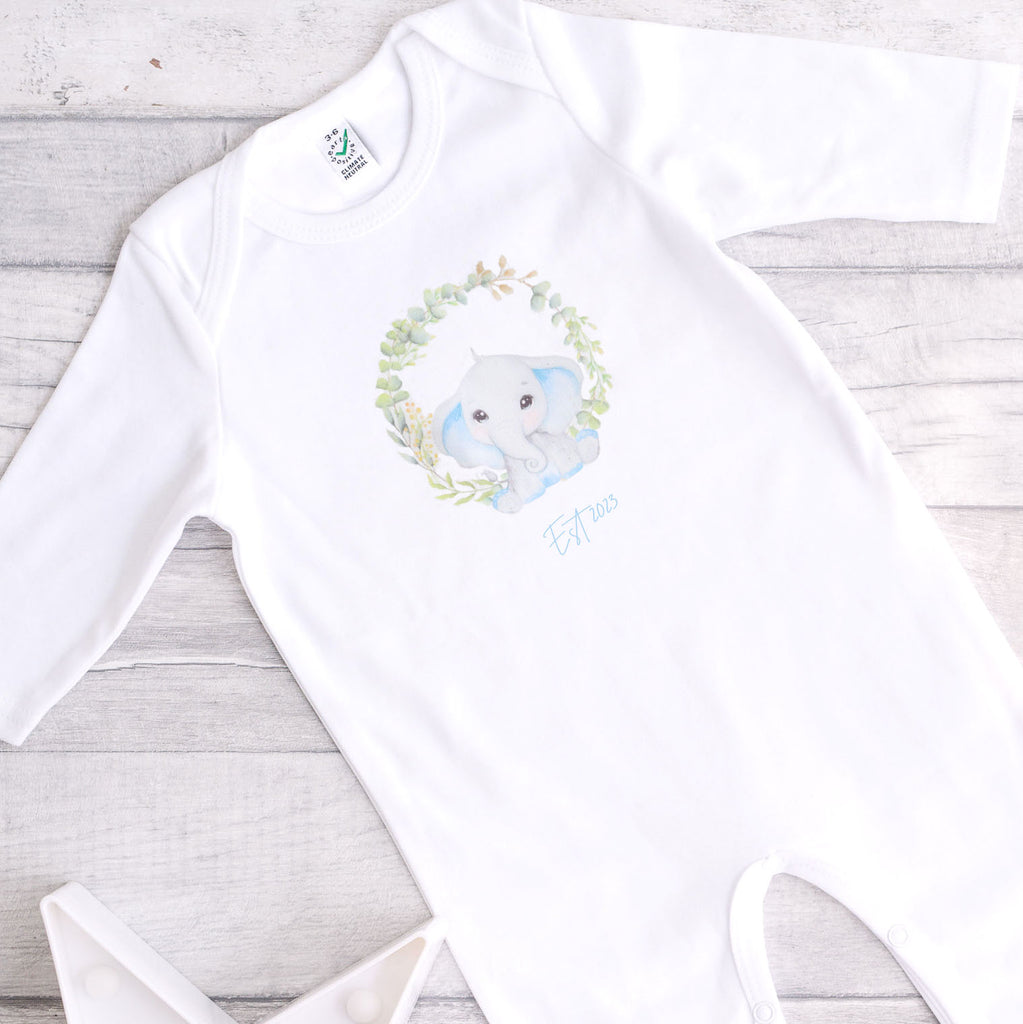 Personalised Blue Elephant Footless Baby Grow