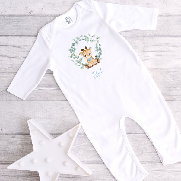 Personalised Blue Giraffe Footless Baby grow