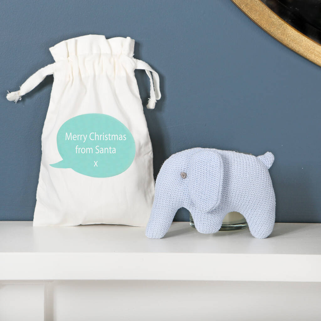 Blue Knitted Elephant Rattle With Personalised Bag