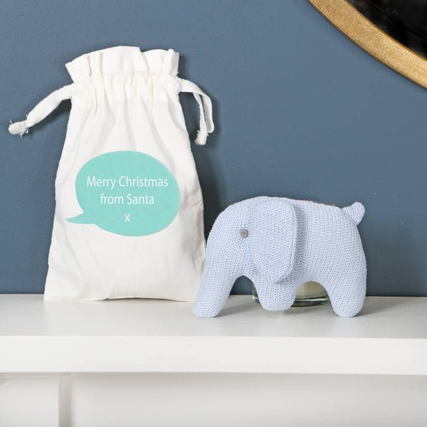 Blue Knitted Elephant Rattle With Personalised Bag