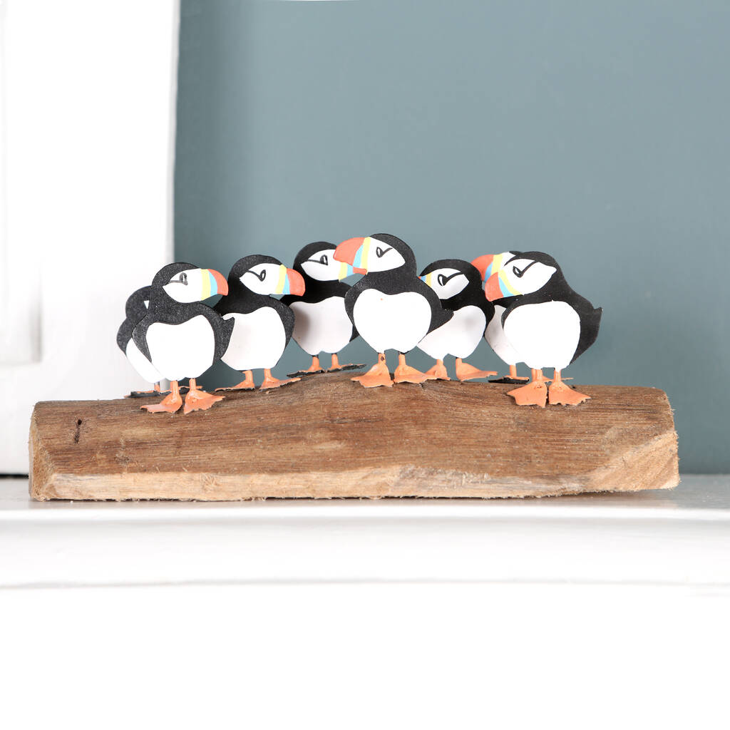 Eight Puffins On Driftwood Block