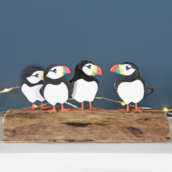 Four Puffins On Driftwood Block