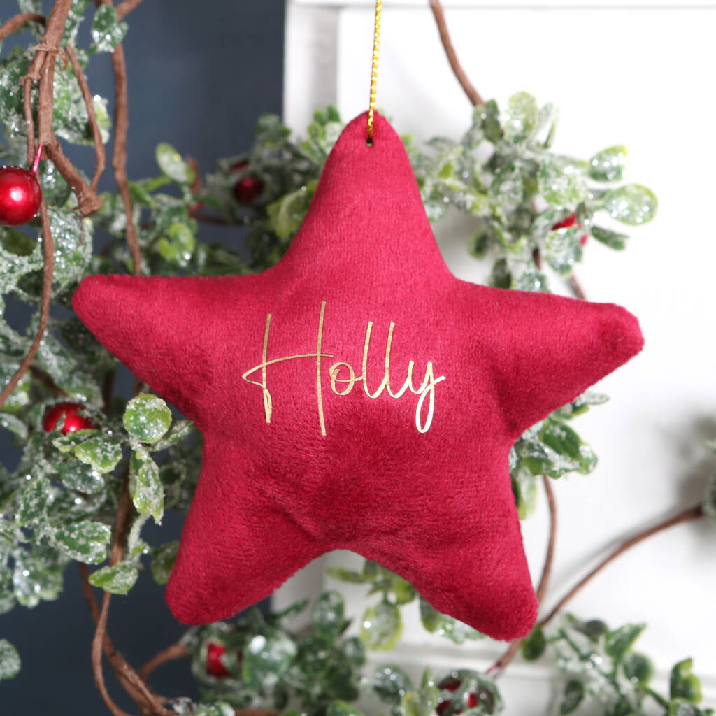 Personalised Velvet Star Christmas Tree Decoration red berry apple