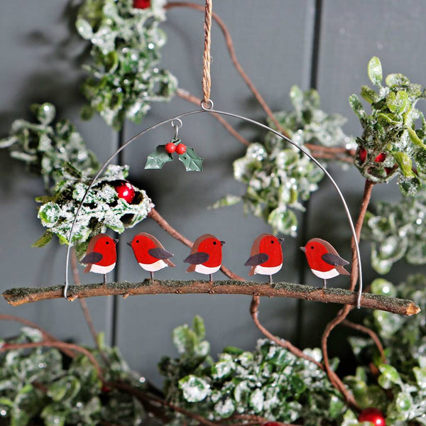 Five Christmas Robins On Branch Hanging Decoration