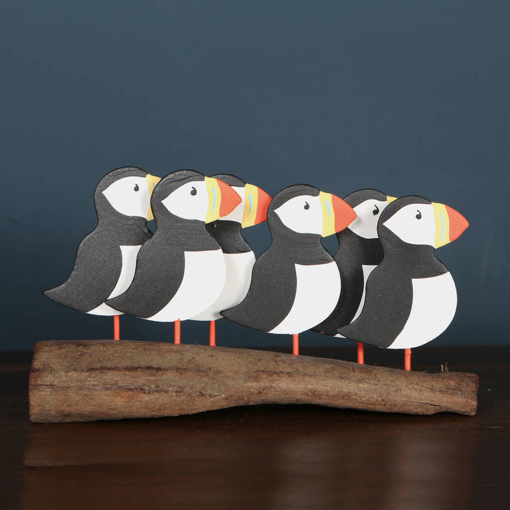 Six Puffins On Driftwood Decoration