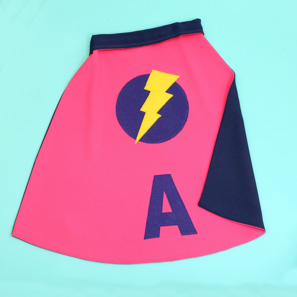 Cerise and Purple super hero cape with initial A