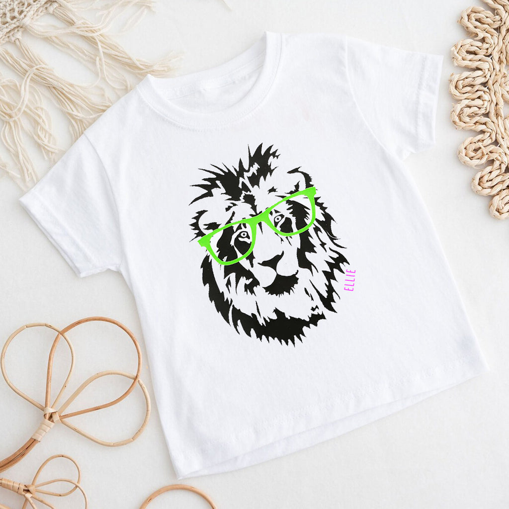 Kids Personalised Lion With Glasses T Shirt