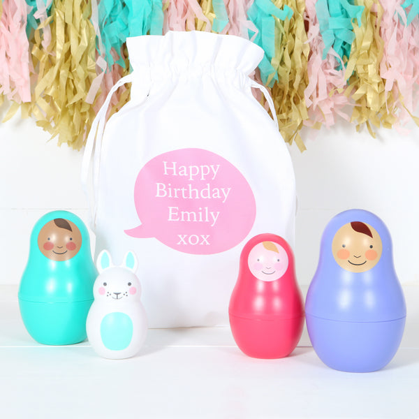 Bright Nesting Dolls, Bunny Toy With Personalised Bag,