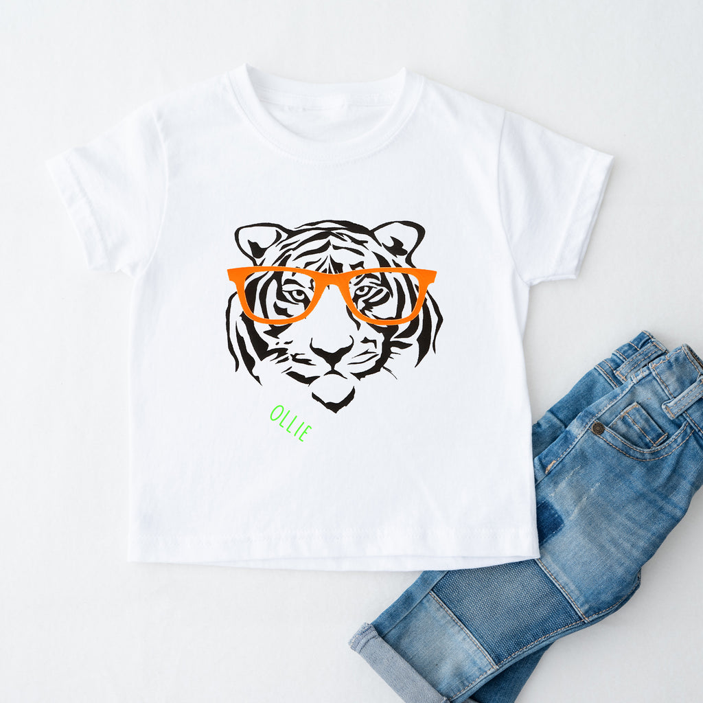 Kids Personalised Tiger With Glasses T Shirt red berry apple