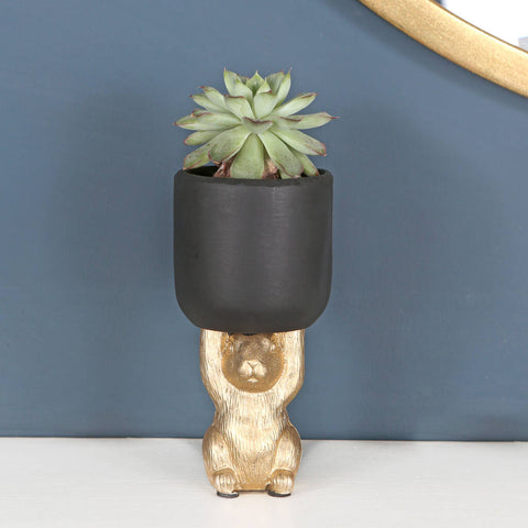 Personalised Gold Tone Bunny Hare With Black Plant Pot