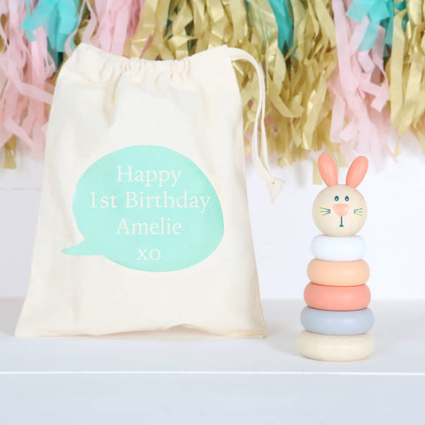 Wooden Bunny Rabbit Stacking Toy With Personalised Bag