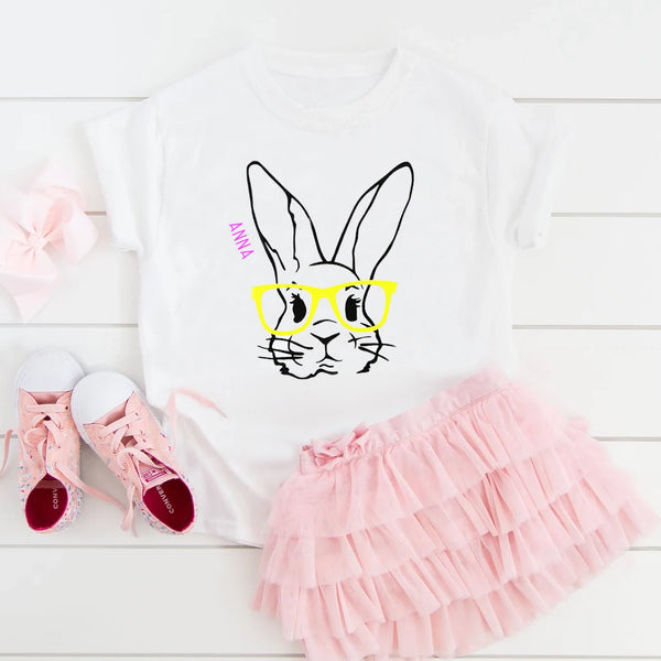 Kids Personalised Rabbit Bunny With Glasses T Shirt