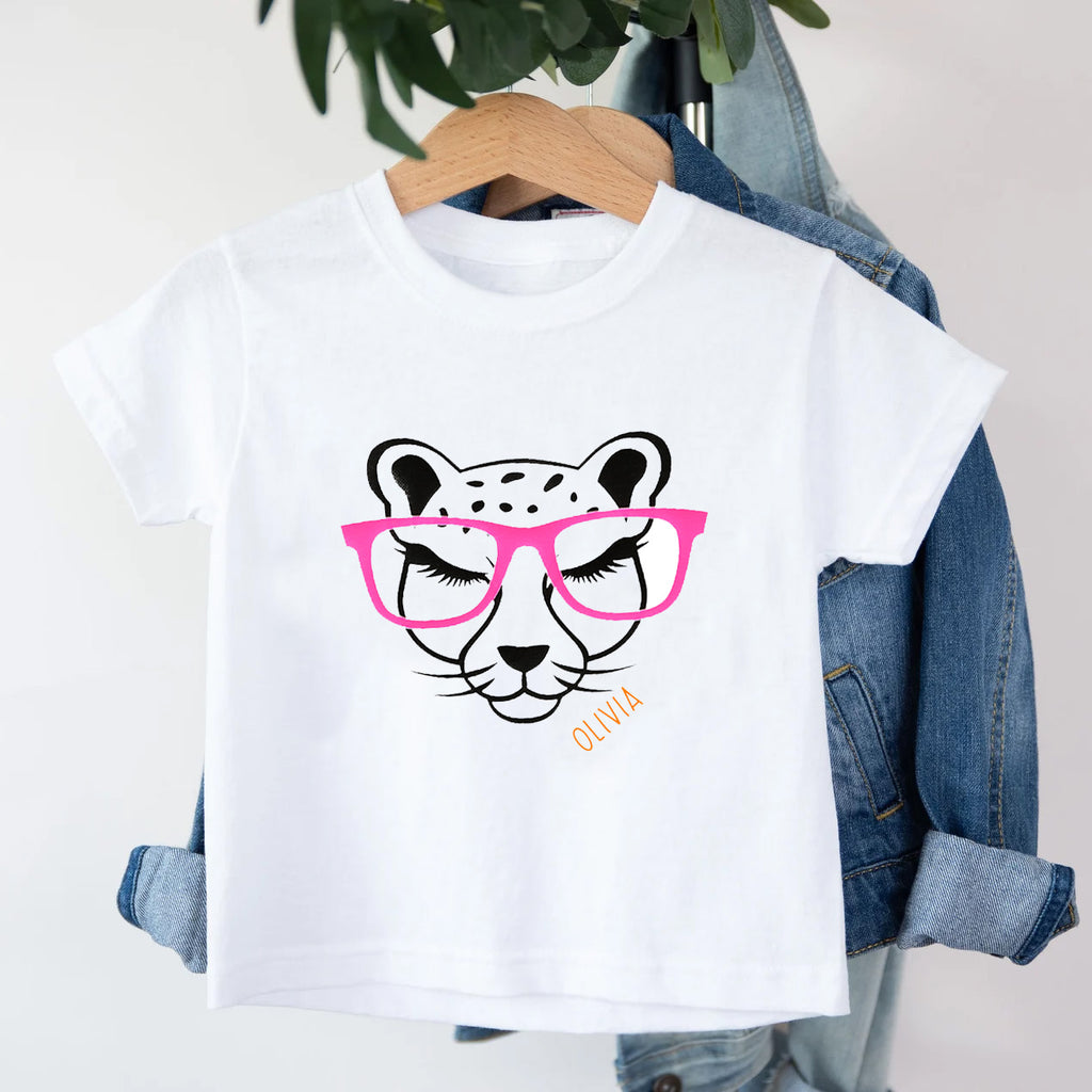 Kids Personalised Cheetah With Glasses Tshirt