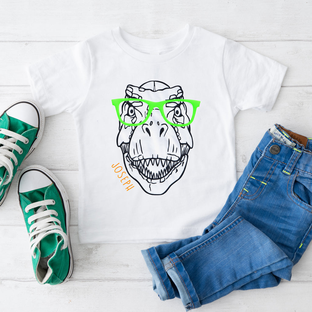 Kids Personalised Dinosaur With Glasses T Shirt