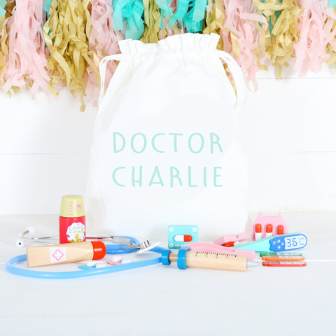 Wooden Doctors Set And Personalised Storage Bag