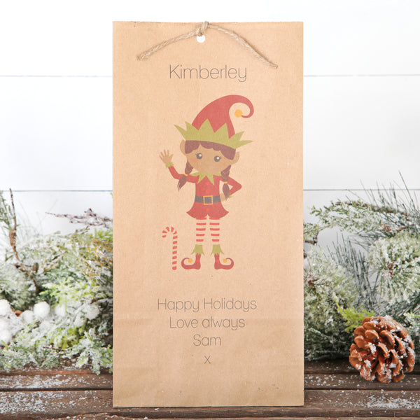 Personalised Christmas Boy Or Girl Elf Darker Skin Tone Gift Bag