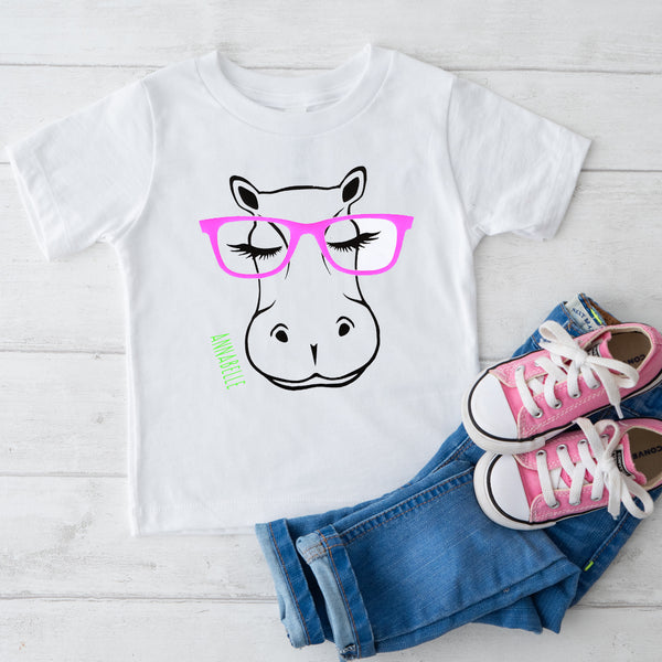 Kids Personalised Hippo In Glasses T Shirt