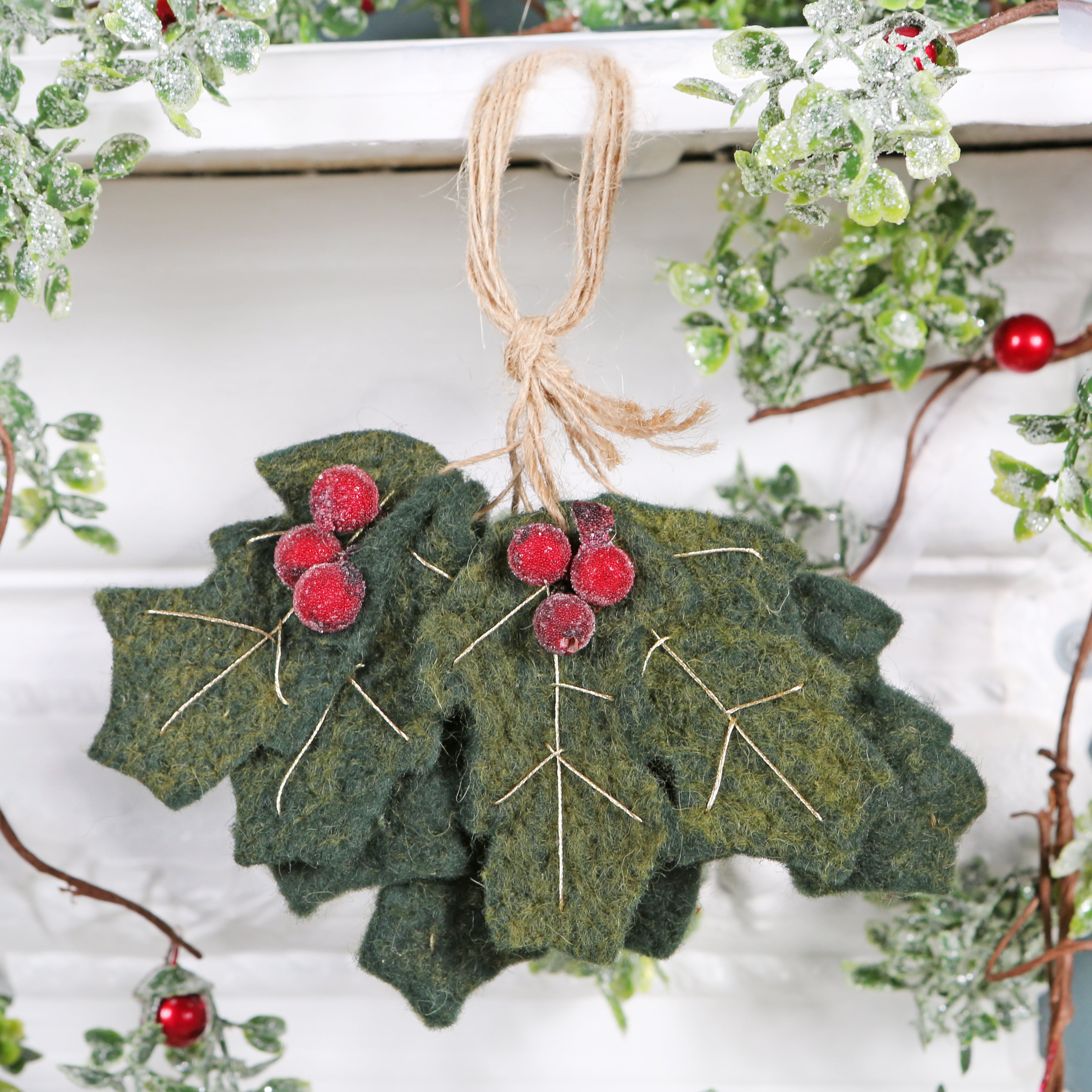 Hanging Holly - Fused glass Festive hanging Yuletide Christmas tree/  window/ wall ornament. Festive holly leaves adorned with red berries.