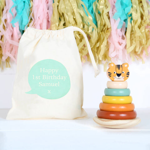 Wooden Tiger Stacking Toy With Personalised Bag