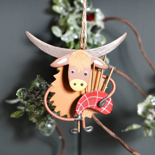 Christmas Highland Cow Coo Bagpipes Hanging Decoration