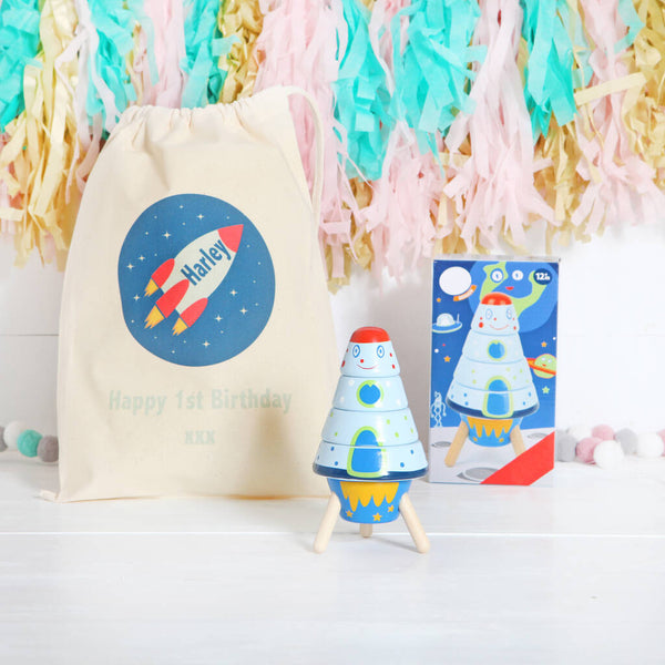 Wooden Rocket Stacking Toy With Personalised Bag