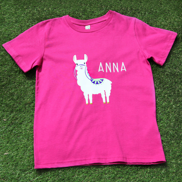 Pink Girls Personalised Llama Alpaca Tshirt
