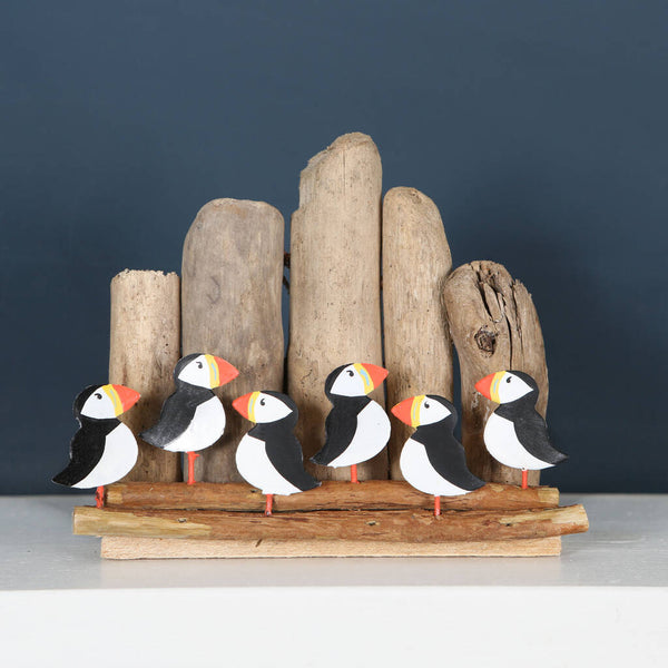 Six Puffins With Driftwood Backdrop Decoration