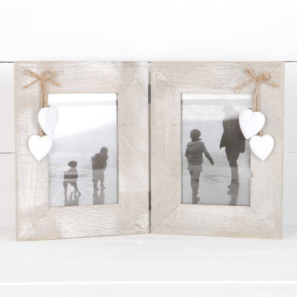 Double Wooden Photo Frame With Hanging Hearts