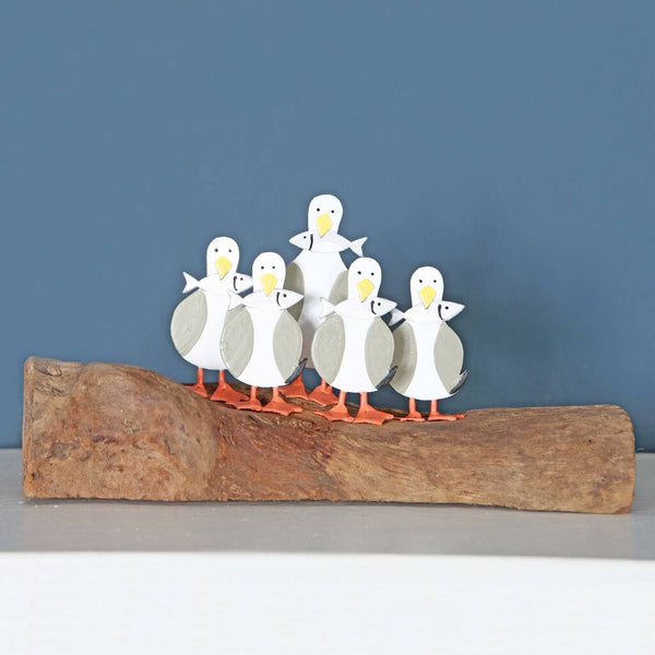 Five Seagulls On Driftwood Block