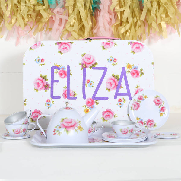 Floral Tin Tea Set With Personalised Case