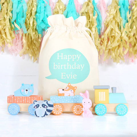 Pastel Wooden Animal Train With Personalised Bag