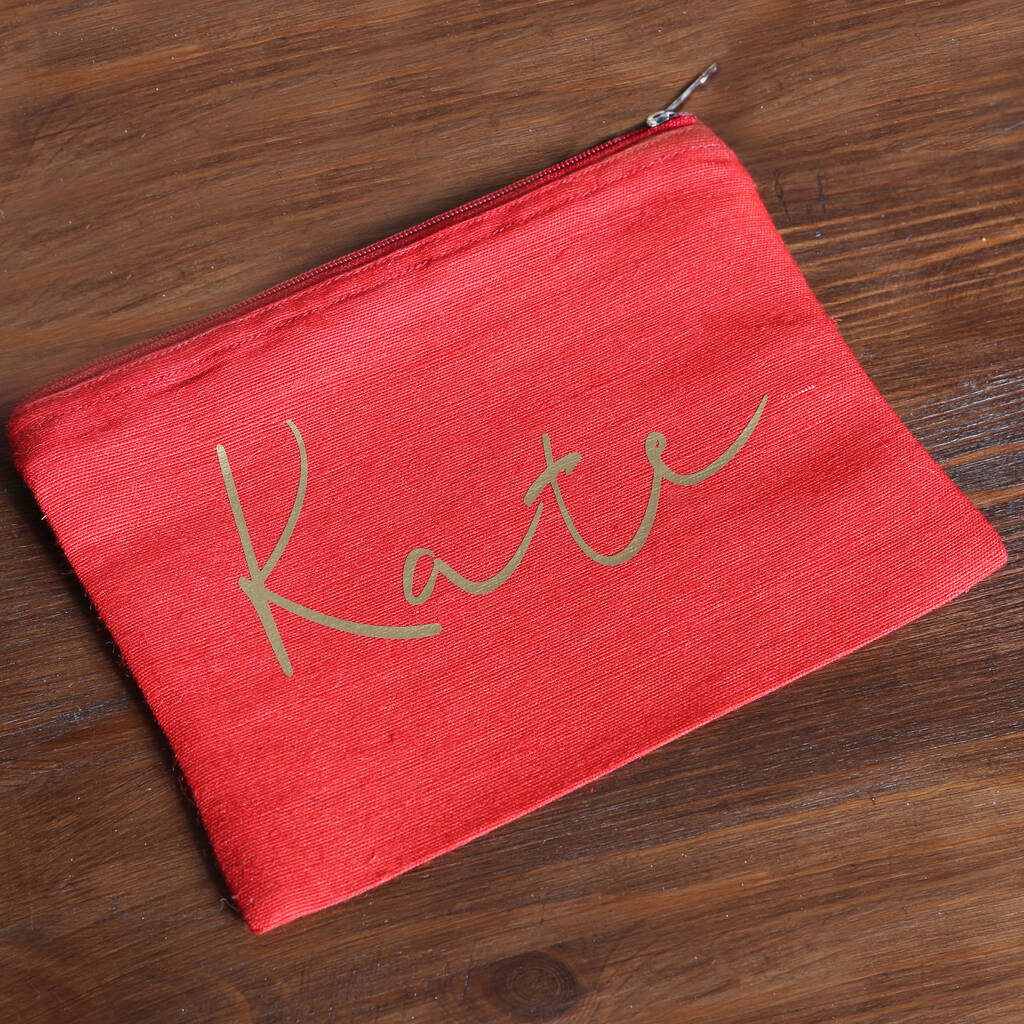 Personalised Red Accessory Pouch With Gold Font – red berry apple