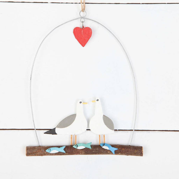 Seagulls In Love With Fish Hanging Driftwood Decoration