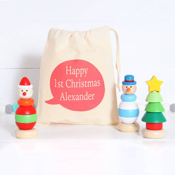 Wooden Christmas Stacking Toy And Personalised Bag