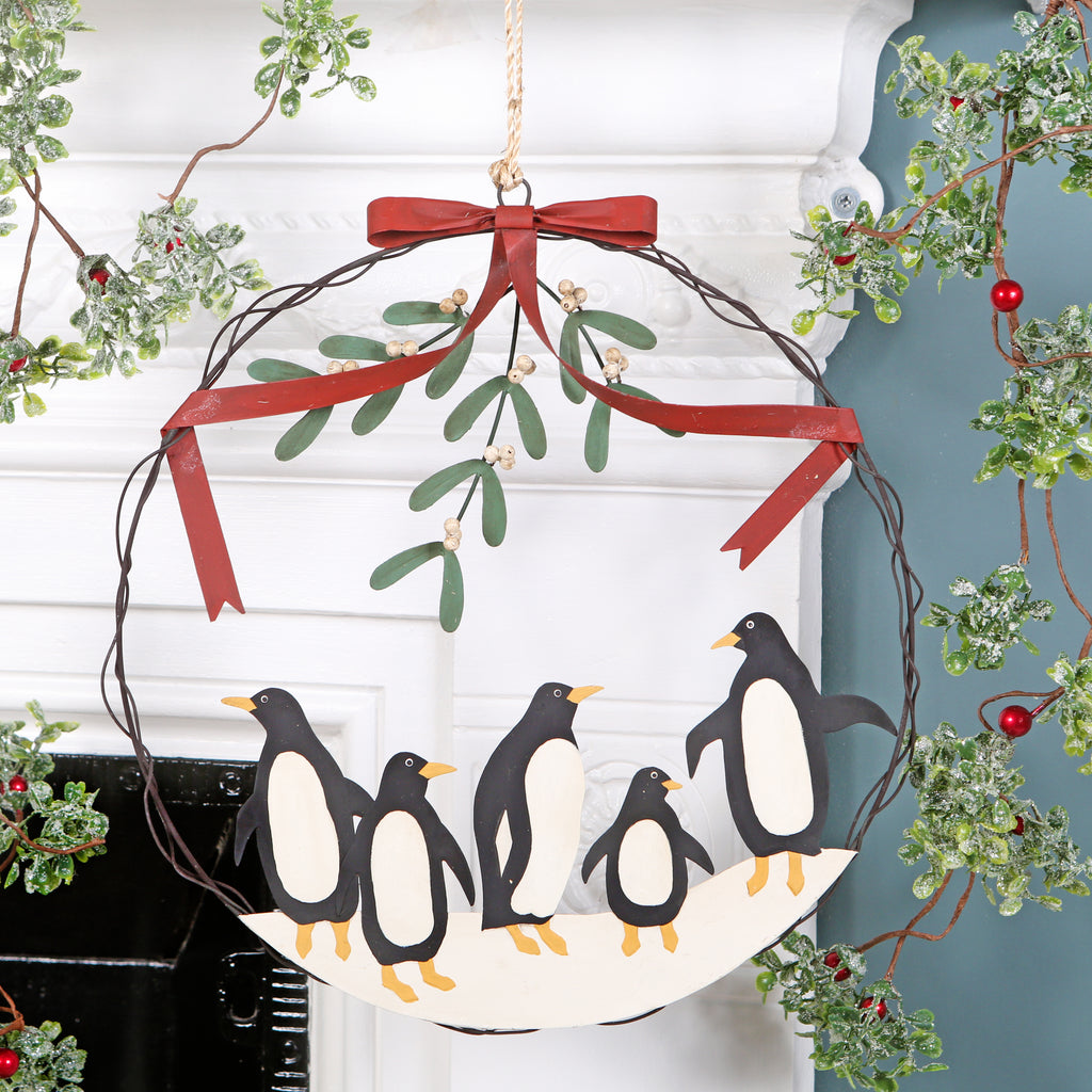 Christmas Penguin And Mistletoe Wreath