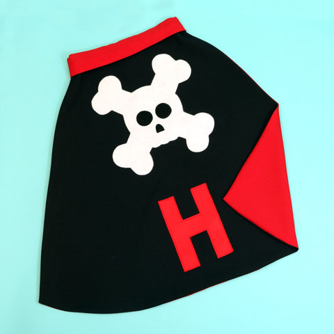 Black and Red Pirate Super Hero Cape with initial H