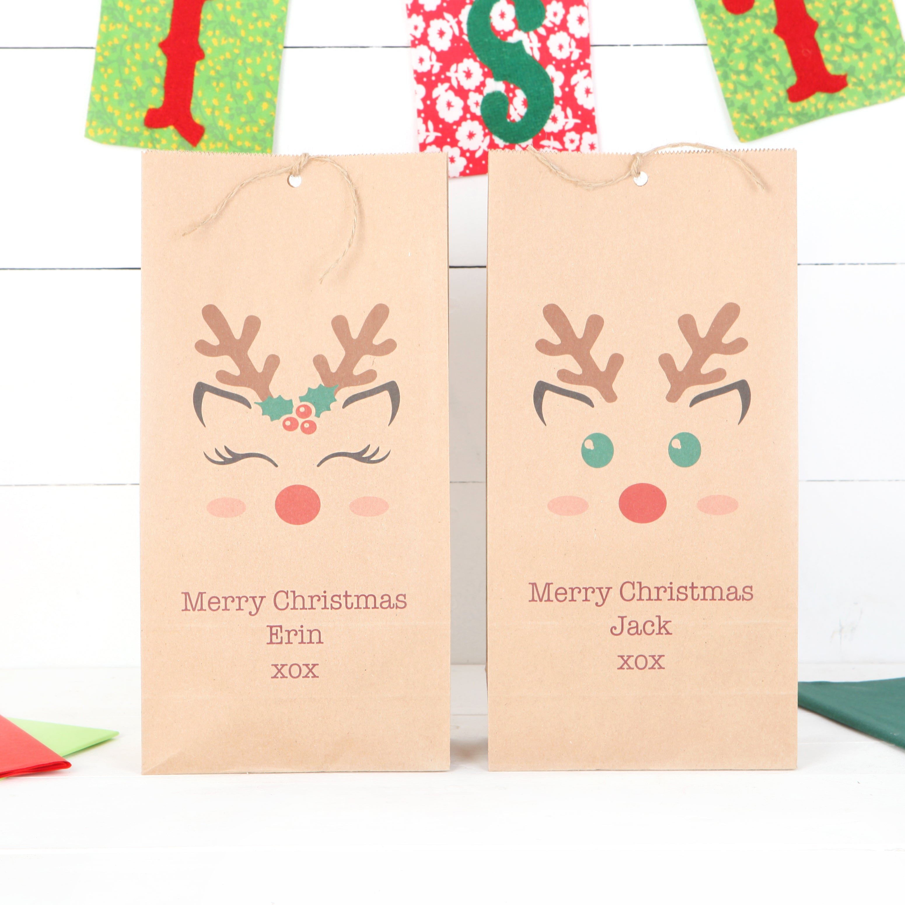 Personalised Boy Or Girl Reindeer Christmas Gift Bag – red berry apple