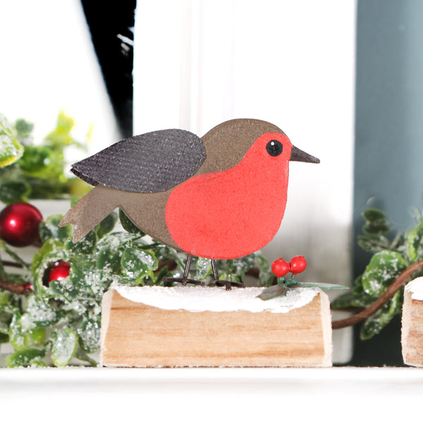 Christmas Robin With Holly On Block Decoration