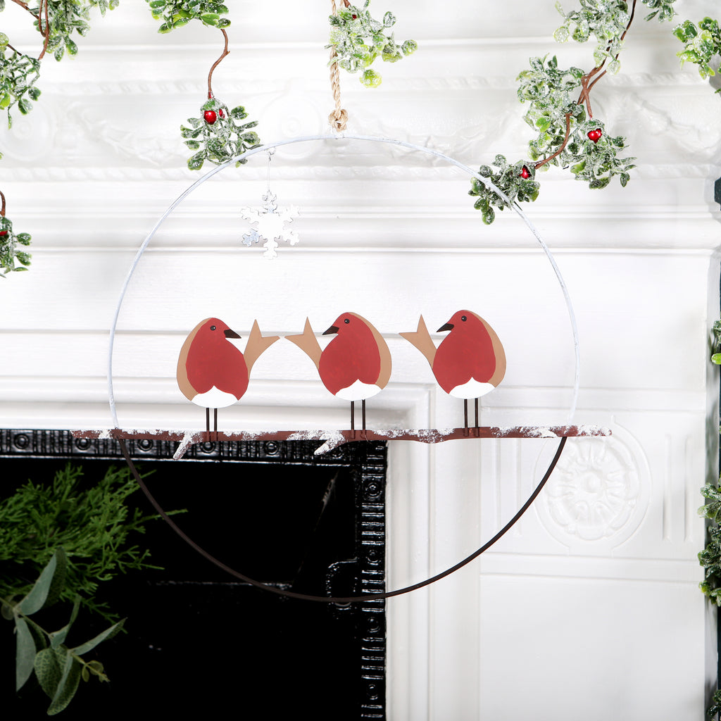 Christmas Robins On Branch Wreath With Snowflake