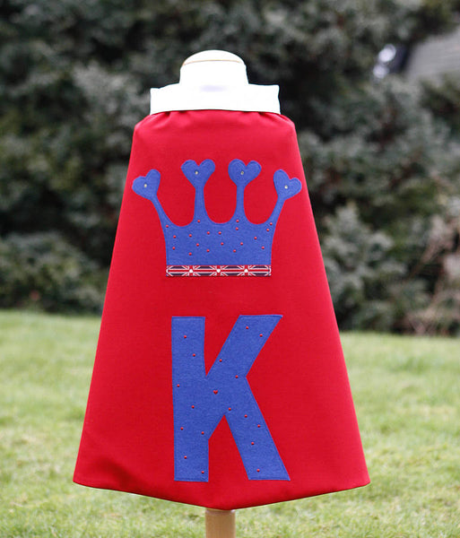 Red and White Princess Cape with union Jack ribbon Trim and Initial K