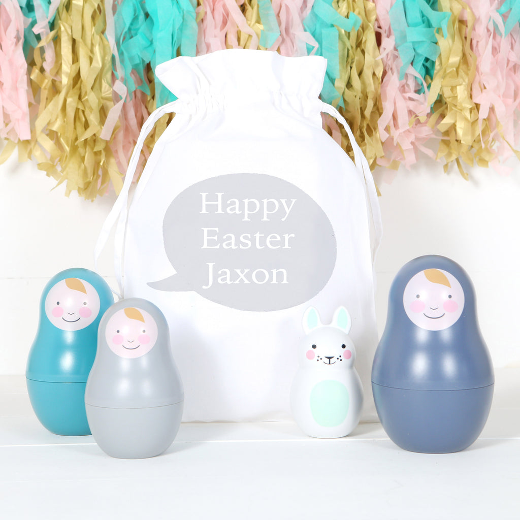 Blue Nesting Dolls And Bunny Toy With Personalised Bag