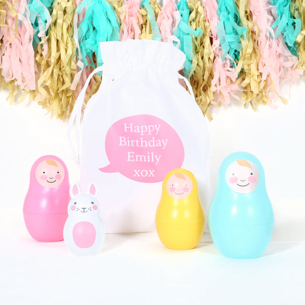 Rainbow Nesting Dolls, Chiming Bunny Toy With Personalised Bag, Christmas gift idea