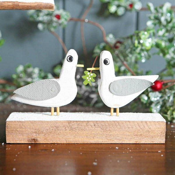 Seagulls On Block With Mistletoe Christmas Decoration